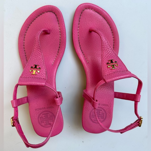 Tory Burch Thong Demi Wedge Sandals - Britton in Pink, Gold Logo, size 5.5 - Picture 3 of 11